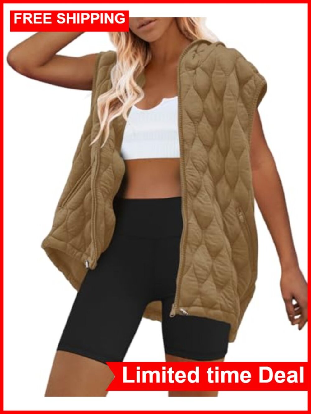 Oversized Quilted Puffer Vest Hooded Zip Up Sleeveless Winter Coat